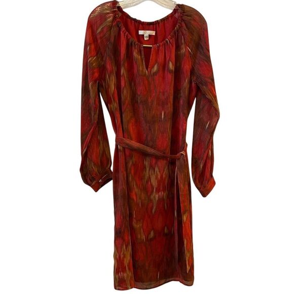 Banana Republic Women's Size 12 Red Ikat Long Sleeve Chiffon Dress - Picture 1 of 14